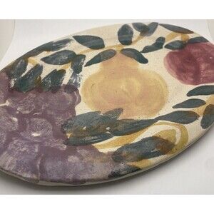 S Watson Tipp City Ohio Handmade Pottery Oval Platter Fruit Print Artist Signed